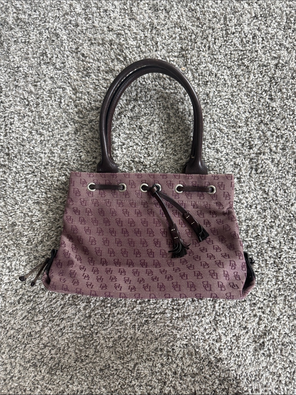 Dooney & Bourke Vintage AB Mini Tassel Tote Purple Signature Monogram Y2K